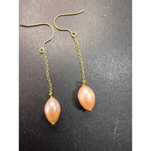NEW peachy pink freshwater pearl chain dangles on gold over sterling silver